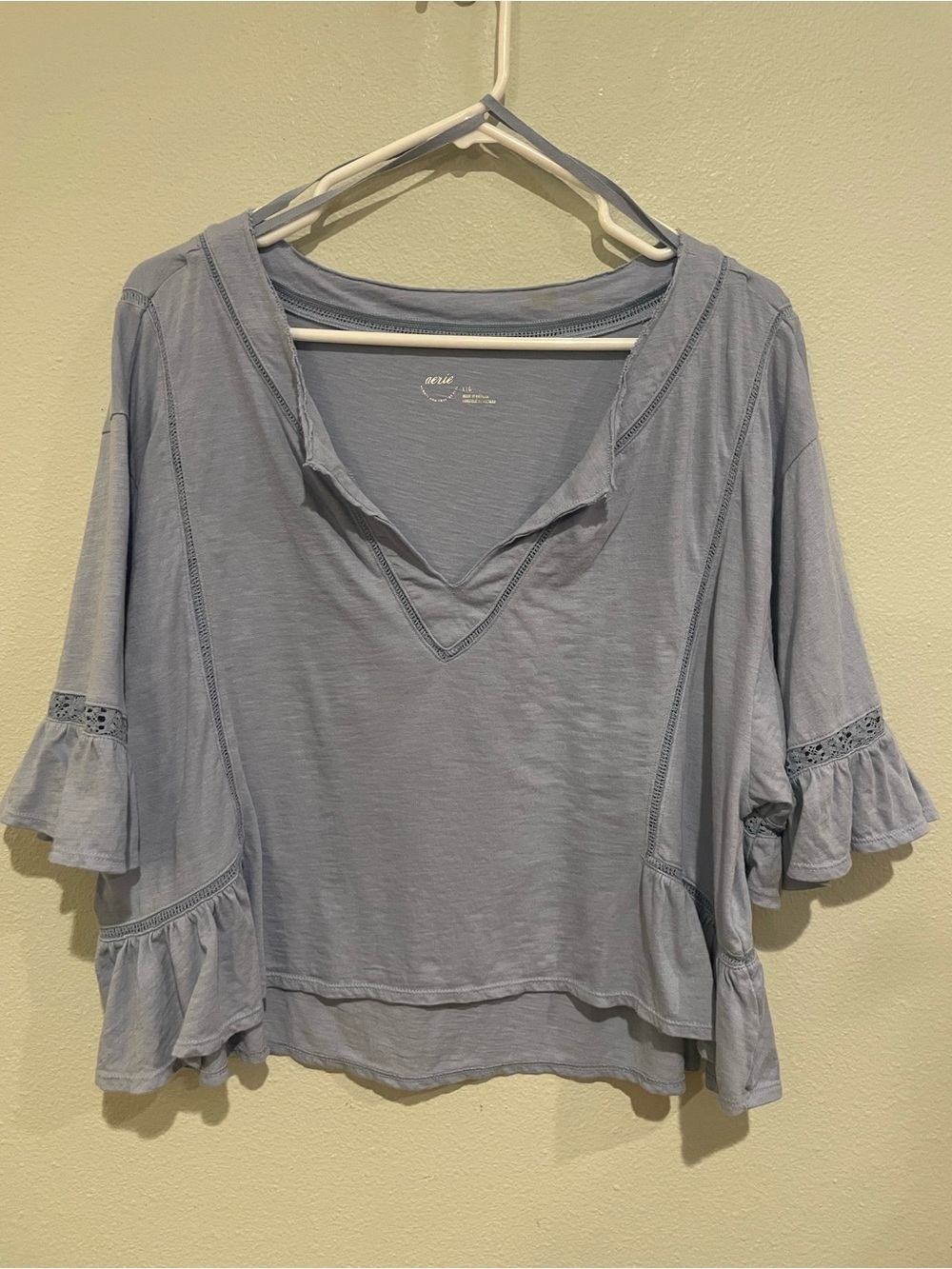 Aerie Light Blue V-Necky Ruffle Sleeve Crop Top